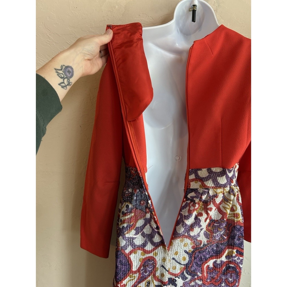 Vintage 1970s Metallic Paisley Maxi Dress M Red Empire Psychedelic Evening Gown - Picture 10 of 11